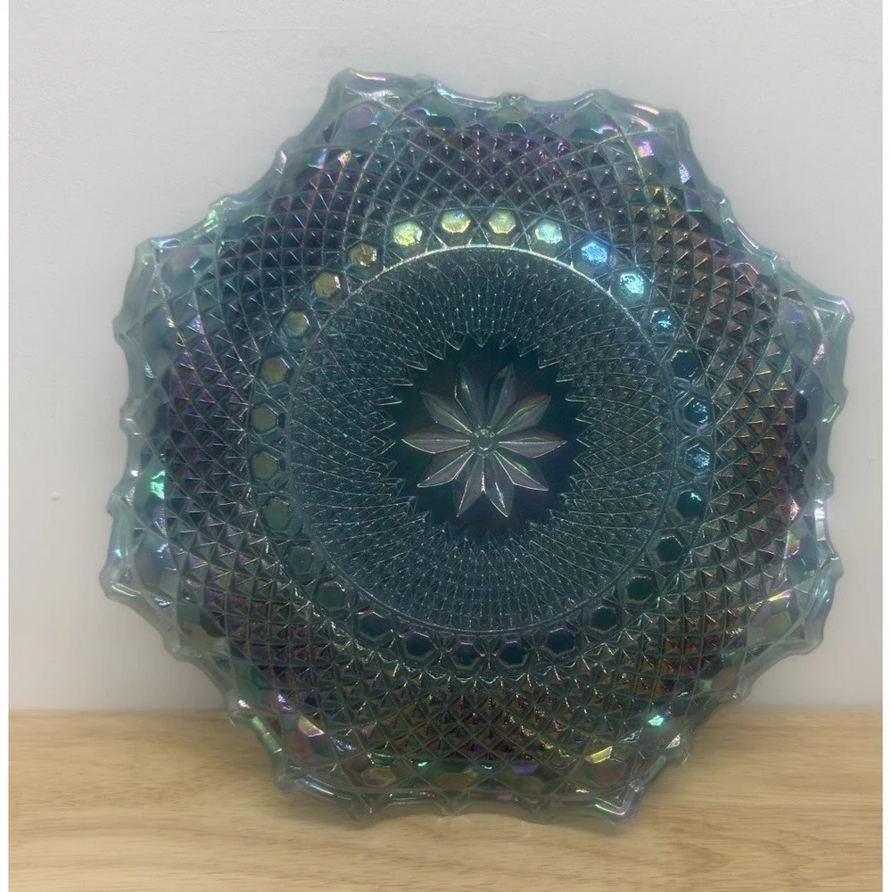 Vintage‎ Indiana Glass Iridescent Carnival Diamond Flower Tray Dish Bowl 10